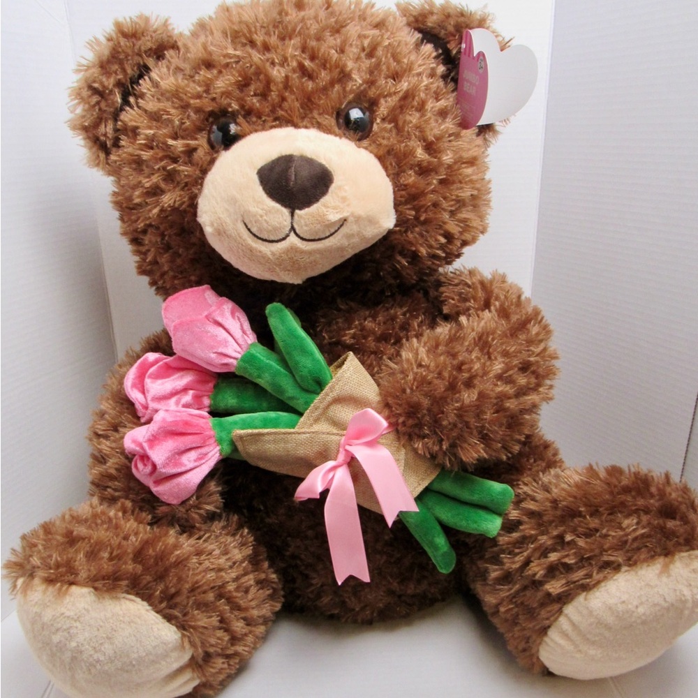 Jumbo Plush Brown Teddy Bear Holding Pink Tulip Bouquet